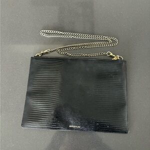Whistles Rivington Leather Clutch, Black Shiny Croc